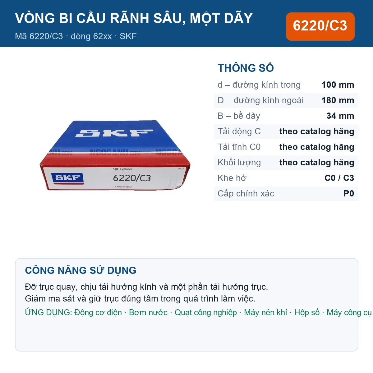 Vòng bi SKF 6220/C3 100x180x34mm — Ảnh đăng sản phẩm (web)