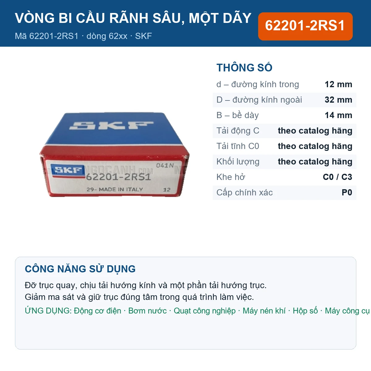 Vòng bi SKF 62201-2RS1 12x32x14mm — Ảnh đăng sản phẩm (web)