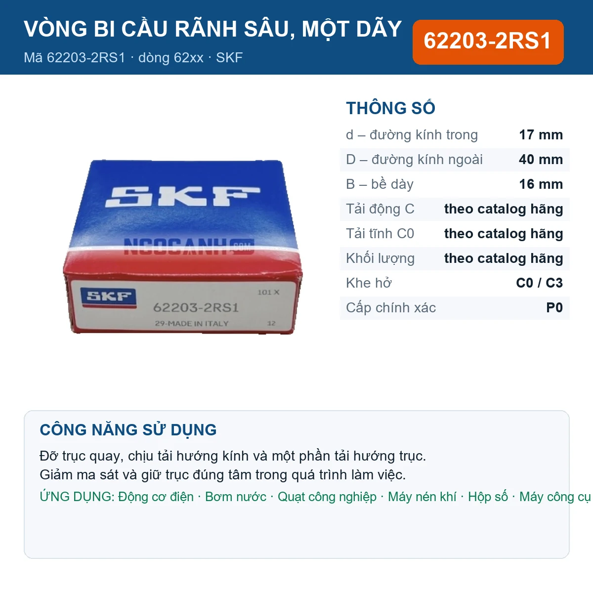 Vòng bi SKF 62203-2RS1 17x40x16mm — Ảnh đăng sản phẩm (web)