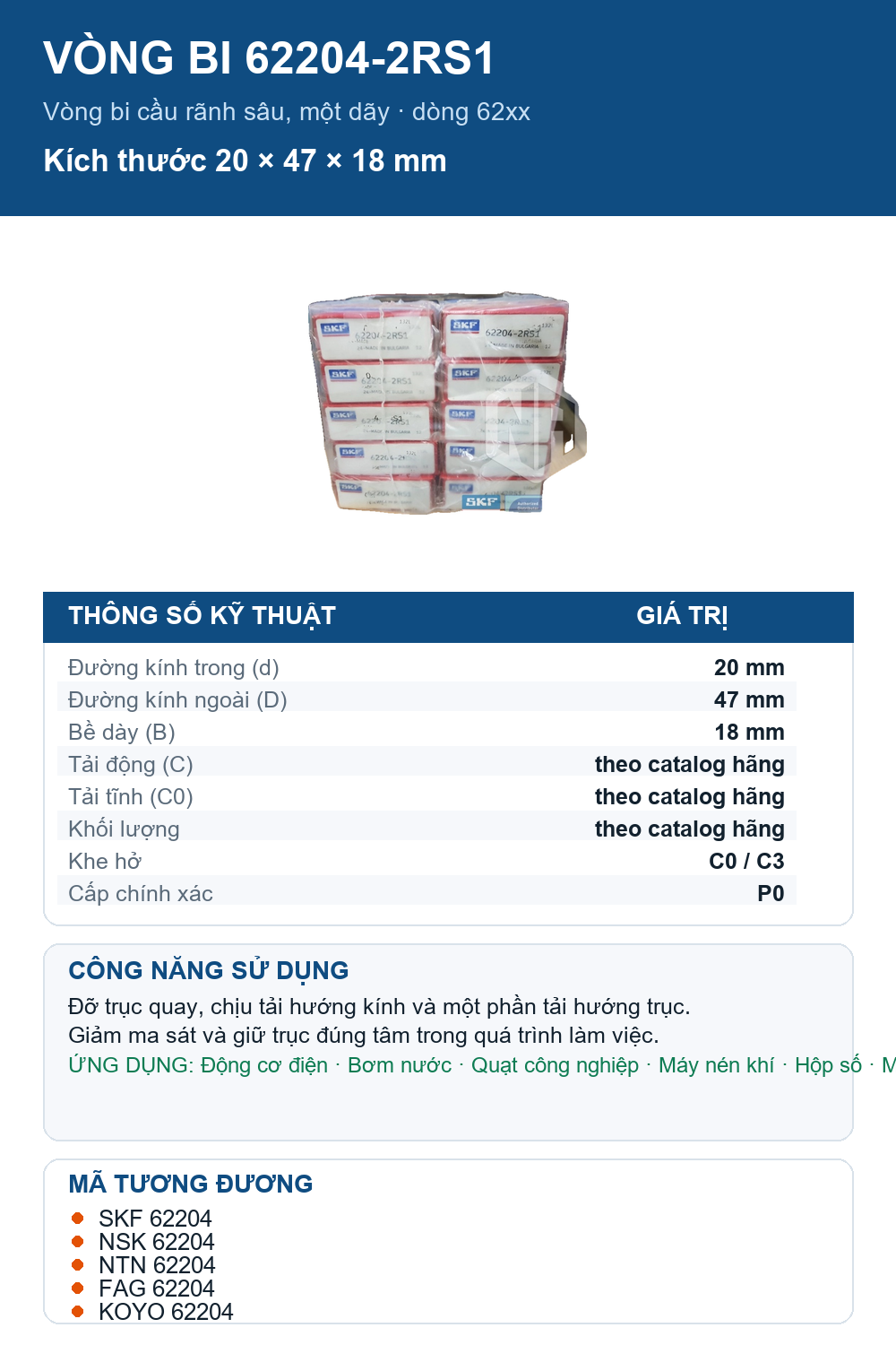 Vòng bi SKF 62204-2RS1 20x47x18mm — Ảnh thông số (Pinterest)