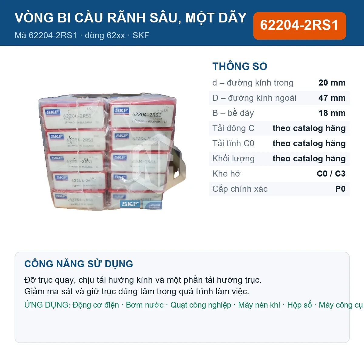 Vòng bi SKF 62204-2RS1 20x47x18mm — Ảnh đăng sản phẩm (web)