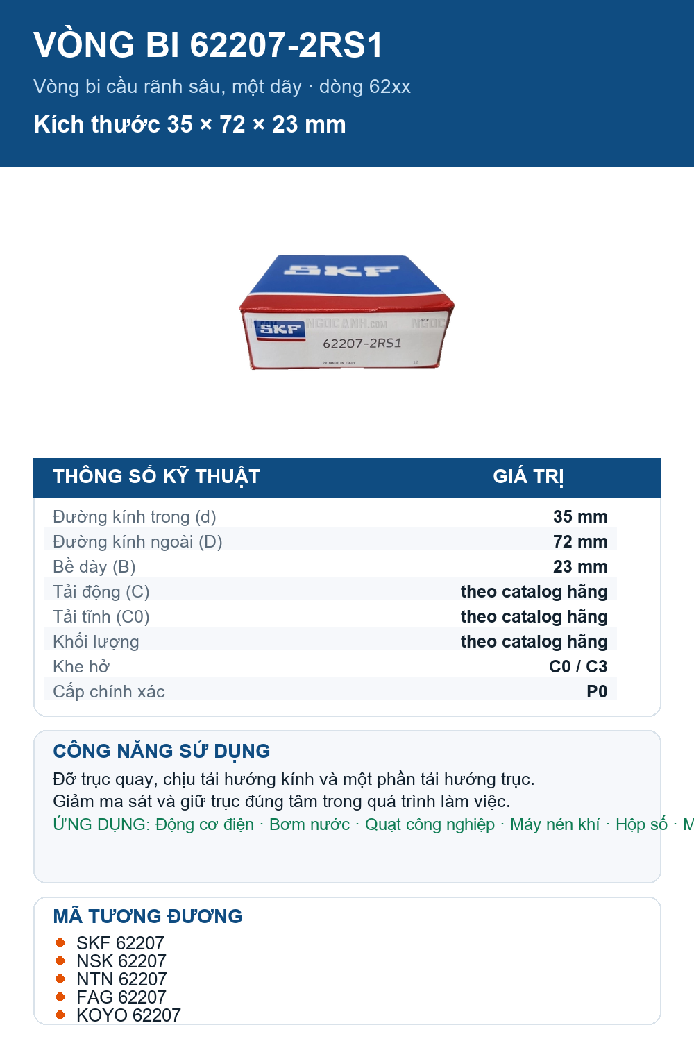 Vòng bi SKF 62207-2RS1 35x72x23mm — Ảnh thông số (Pinterest)