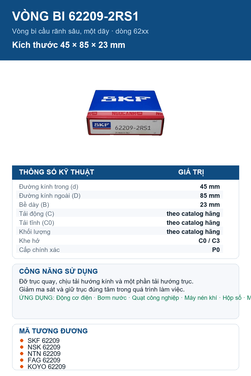 Vòng bi SKF 62209-2RS1 45x85x23mm — Ảnh thông số (Pinterest)