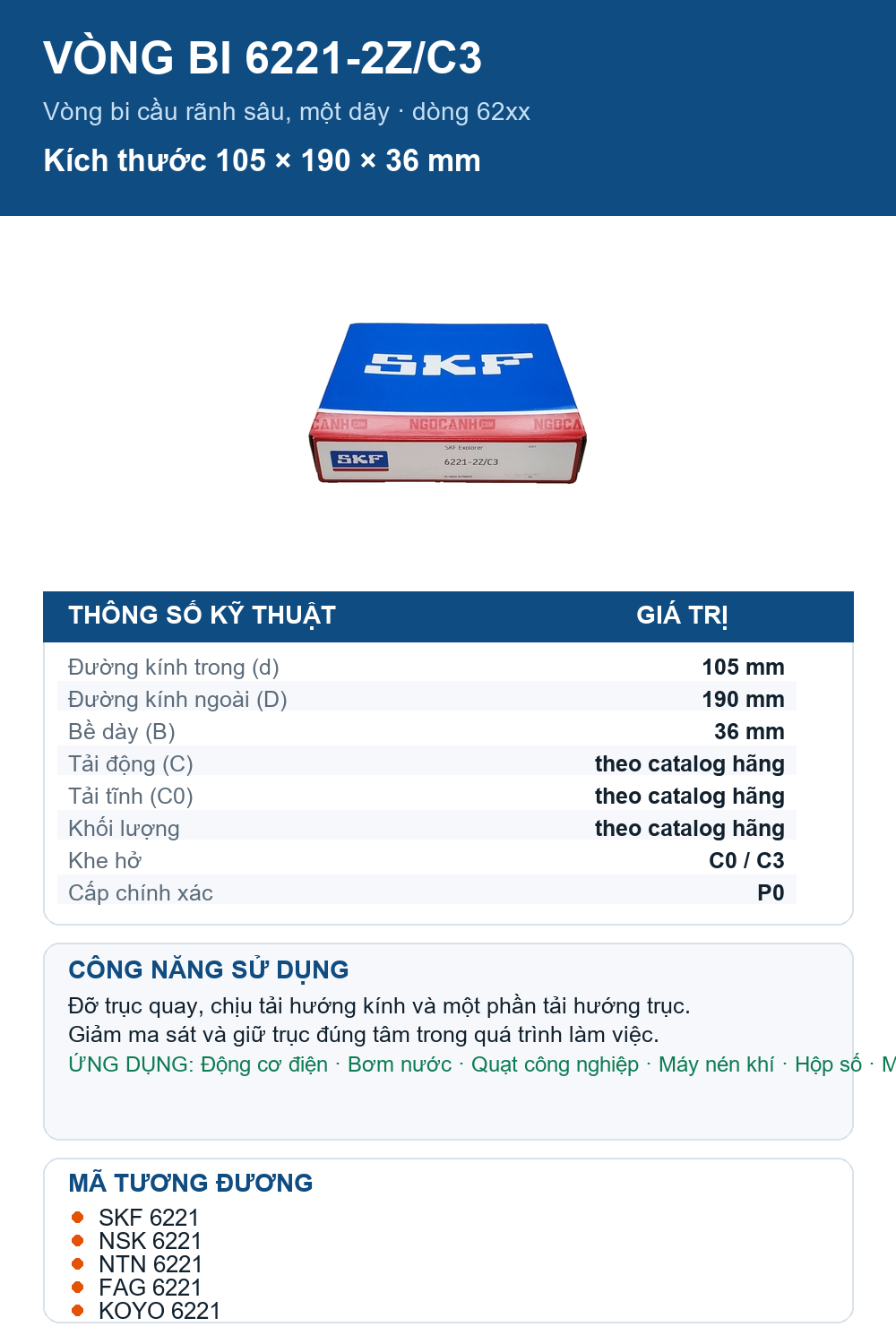 Vòng bi SKF 6221-2Z/C3 105x190x36mm — Ảnh thông số (Pinterest)