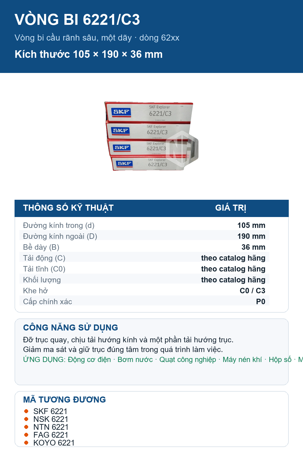 Vòng bi SKF 6221/C3 105x190x36mm — Ảnh thông số (Pinterest)