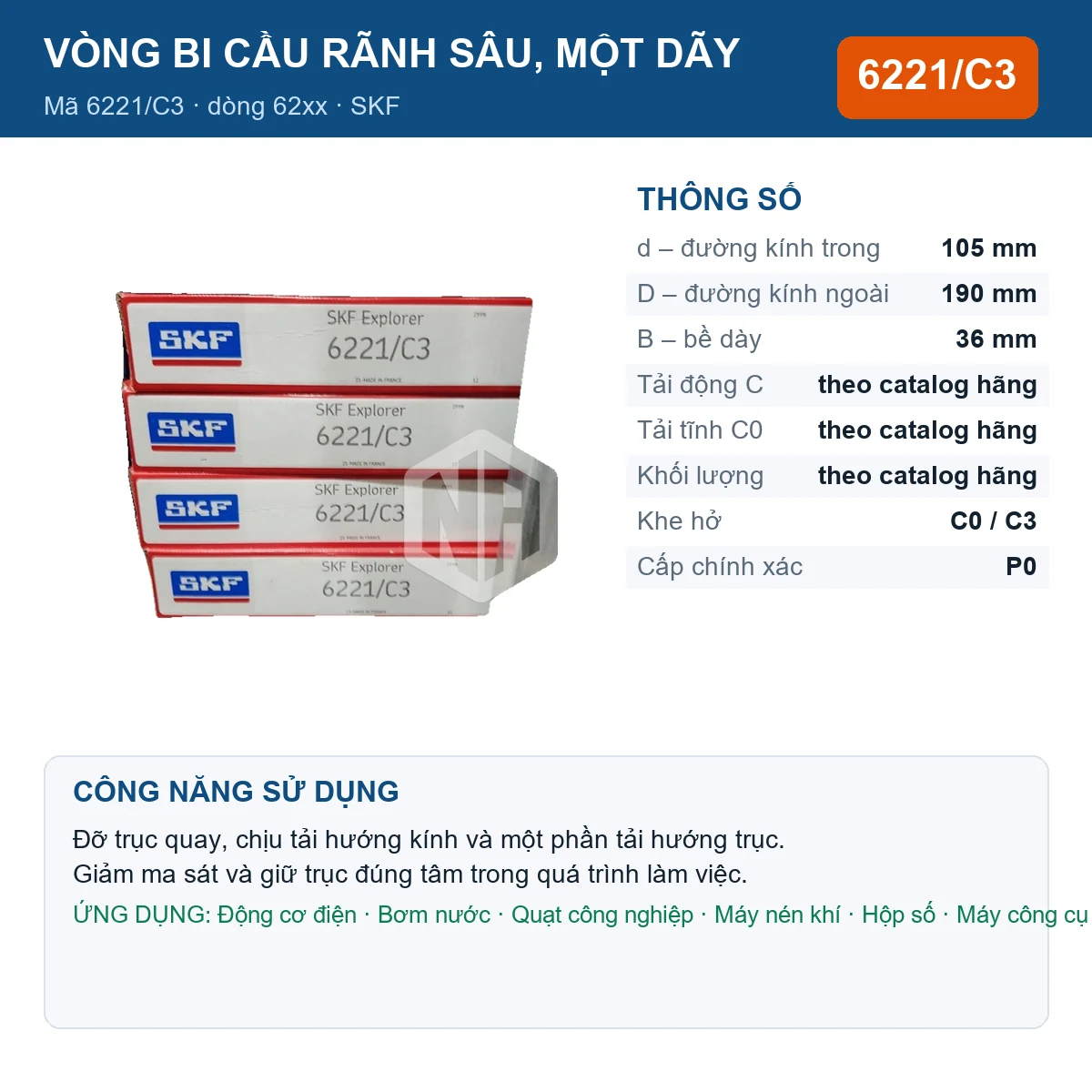 Vòng bi SKF 6221/C3 105x190x36mm — Ảnh đăng sản phẩm (web)