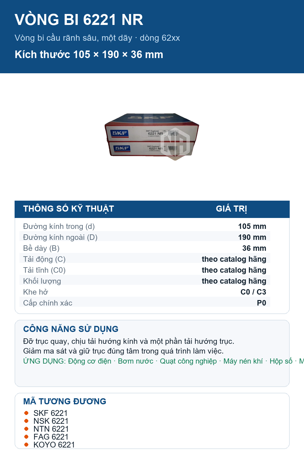 Vòng bi SKF 6221 NR 105x190x36mm — Ảnh thông số (Pinterest)