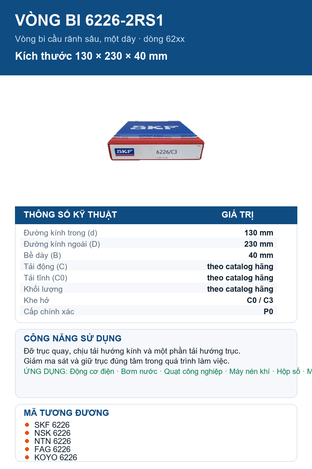 Vòng bi SKF 6226-2RS1 130x230x40mm — Ảnh thông số (Pinterest)