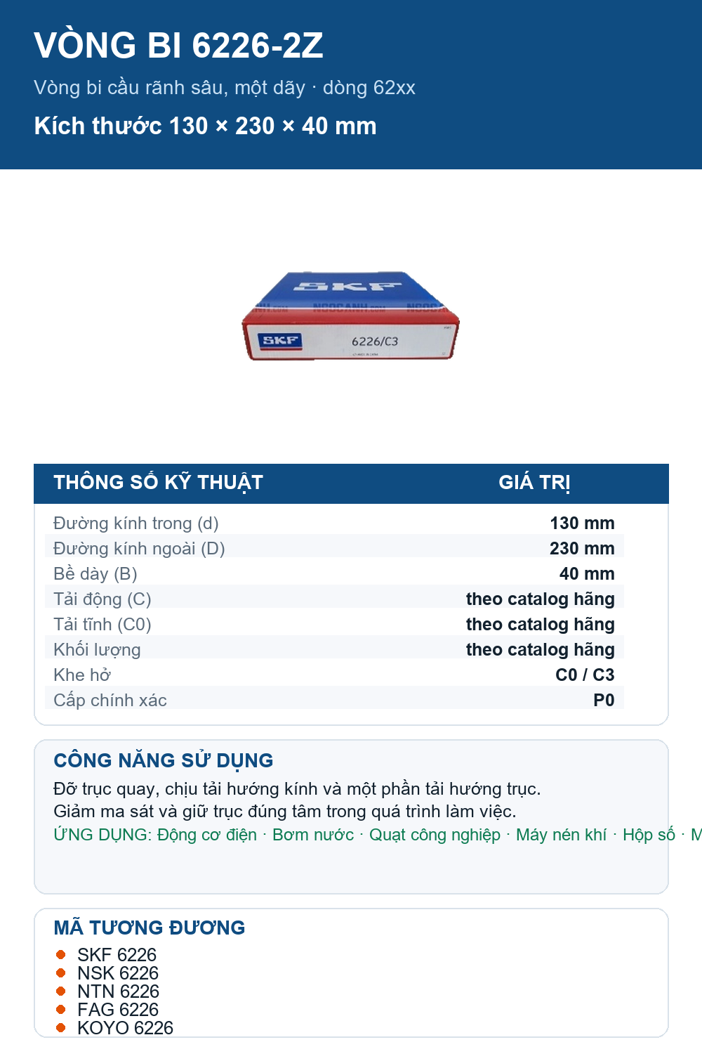 Vòng bi SKF 6226-2Z 130x230x40mm — Ảnh thông số (Pinterest)