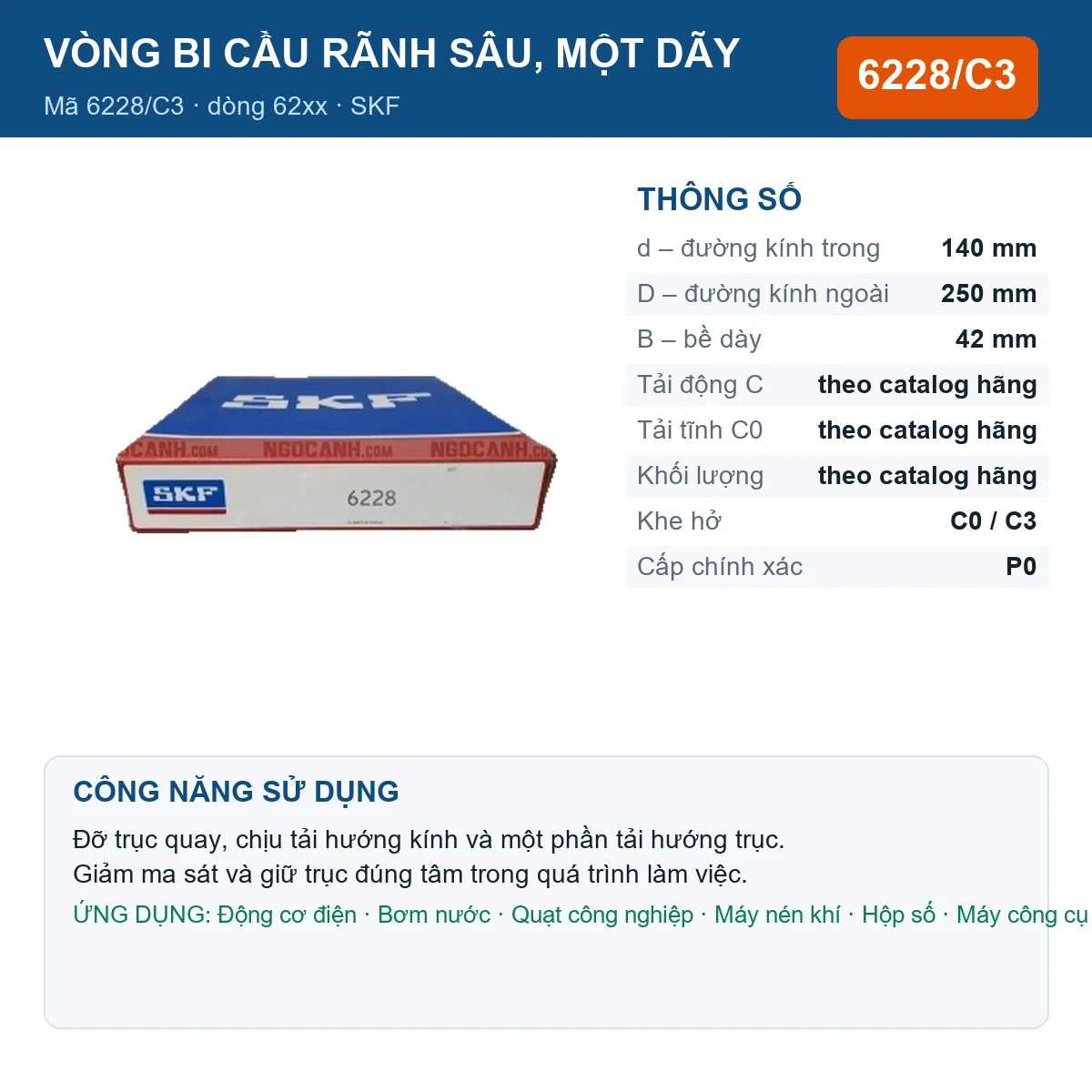 Vòng bi SKF 6228/C3 140x250x42mm — Ảnh đăng sản phẩm (web)