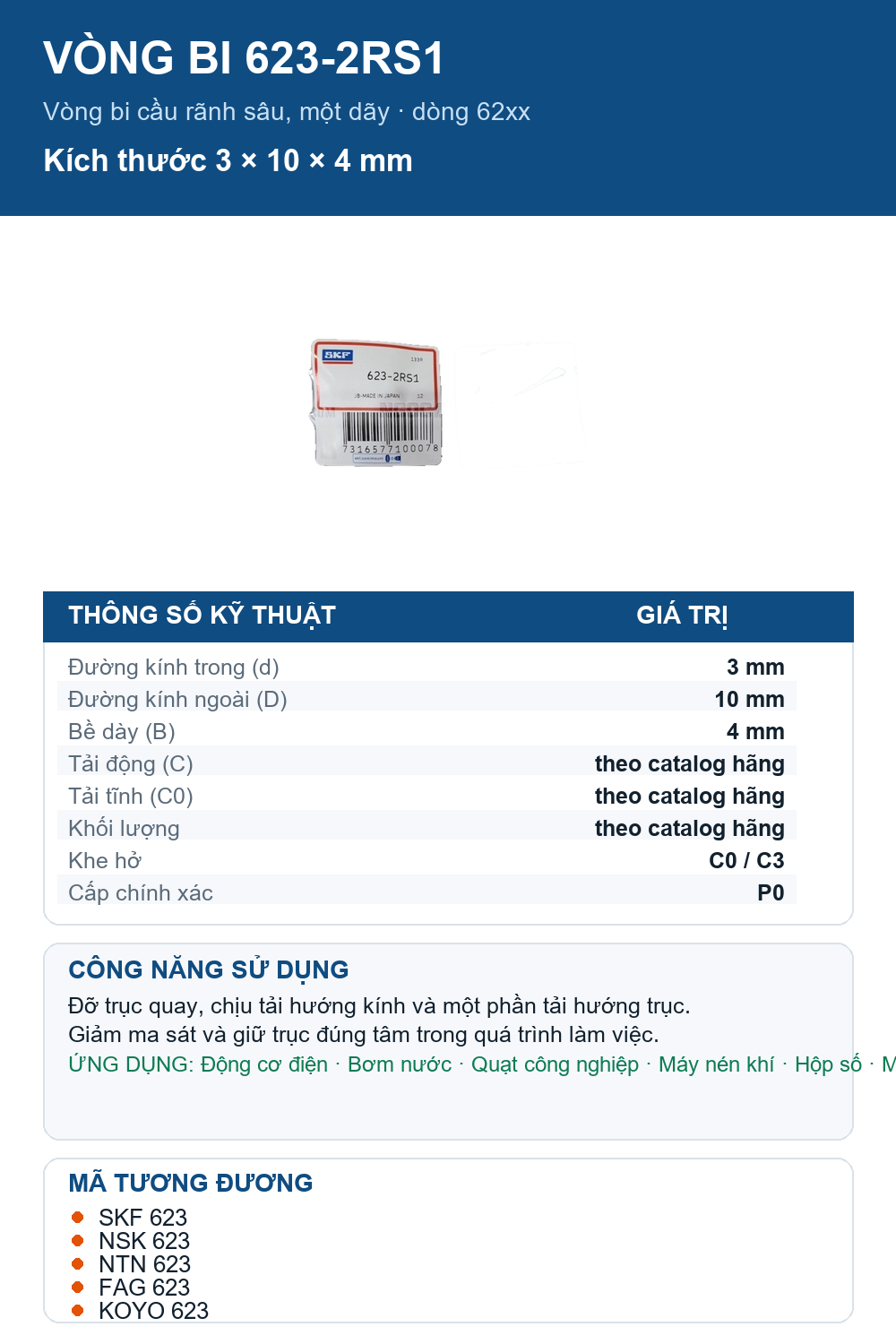 Vòng bi SKF 623-2RS1 3x10x4mm — Ảnh thông số (Pinterest)
