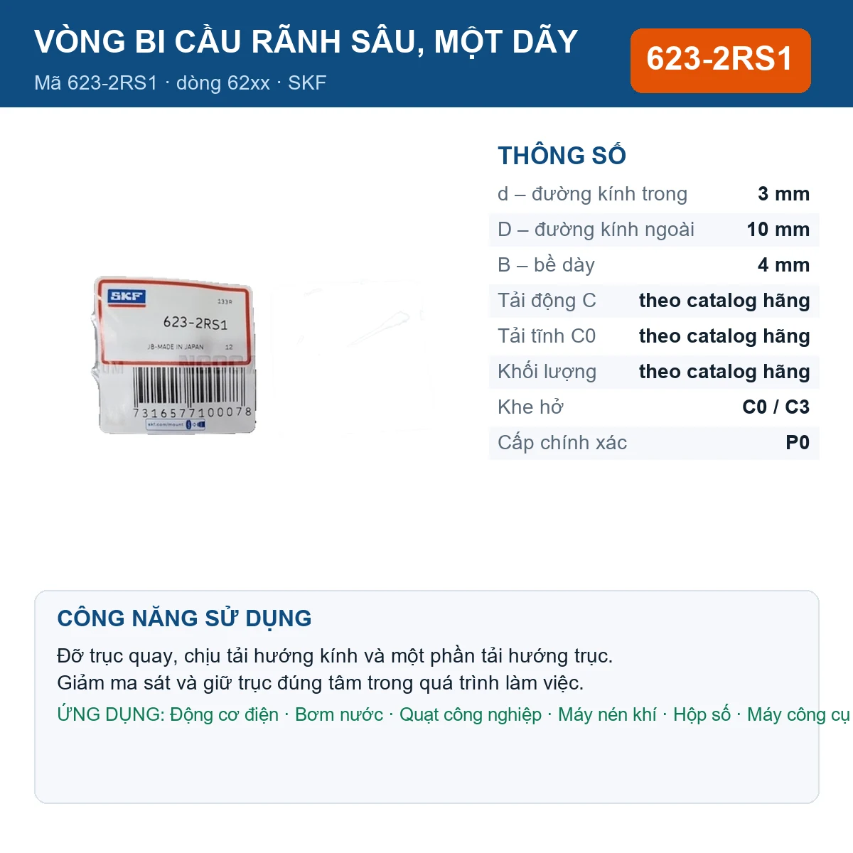 Vòng bi SKF 623-2RS1 — kích thước 3x10x4mm
