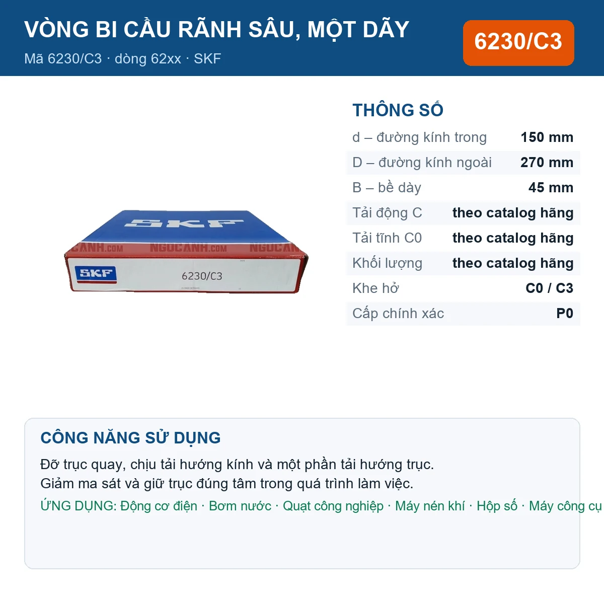Vòng bi SKF 6230/C3 150x270x45mm — Ảnh đăng sản phẩm (web)