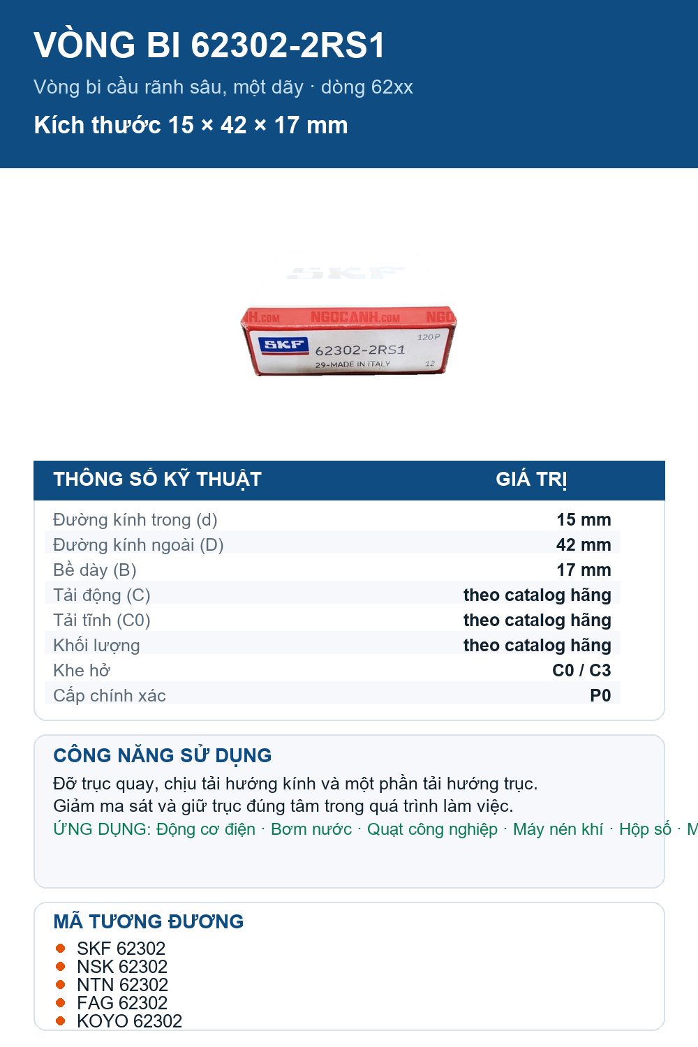 Vòng bi SKF 62302-2RS1 15x42x17mm — Ảnh thông số (Pinterest)