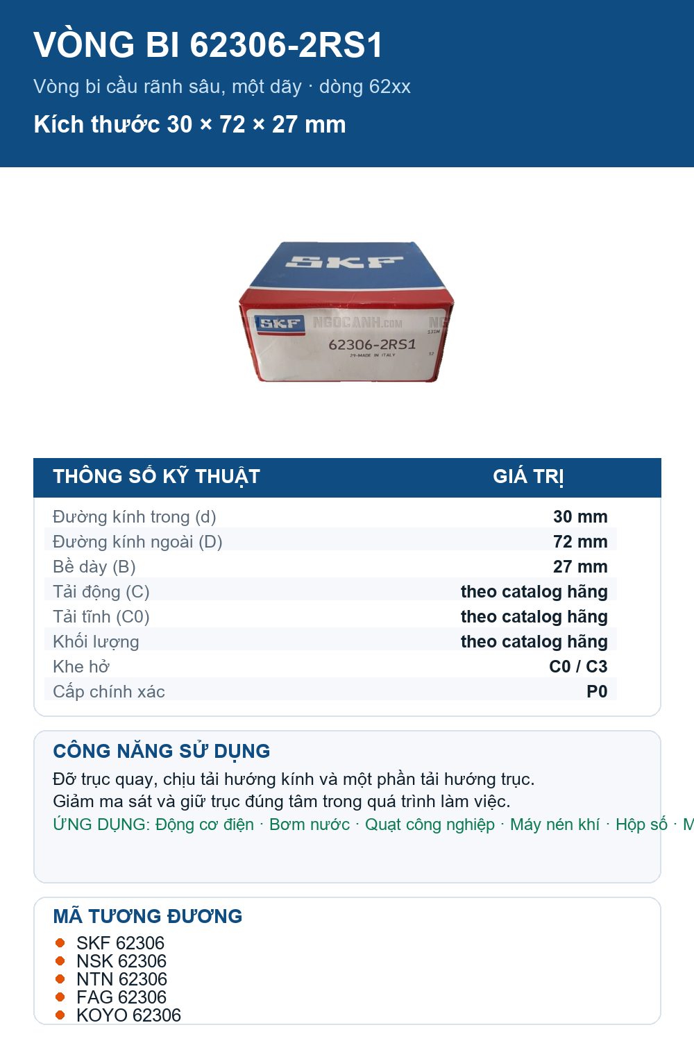 Vòng bi SKF 62306-2RS1 30x72x27mm — Ảnh thông số (Pinterest)
