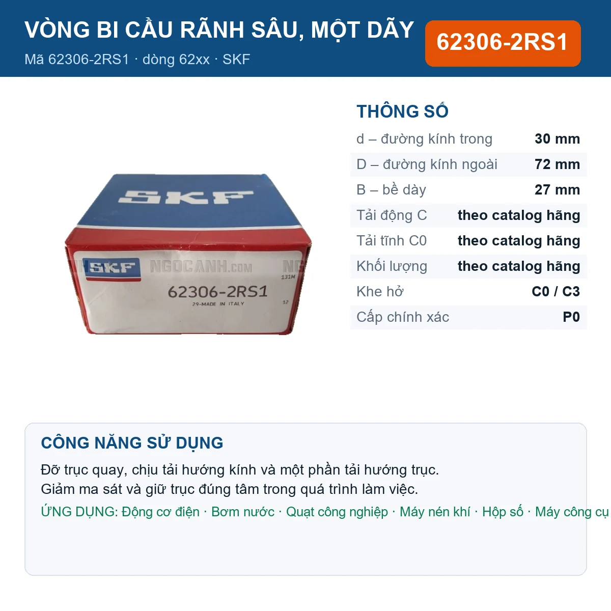 Vòng bi SKF 62306-2RS1 — kích thước 30x72x27mm