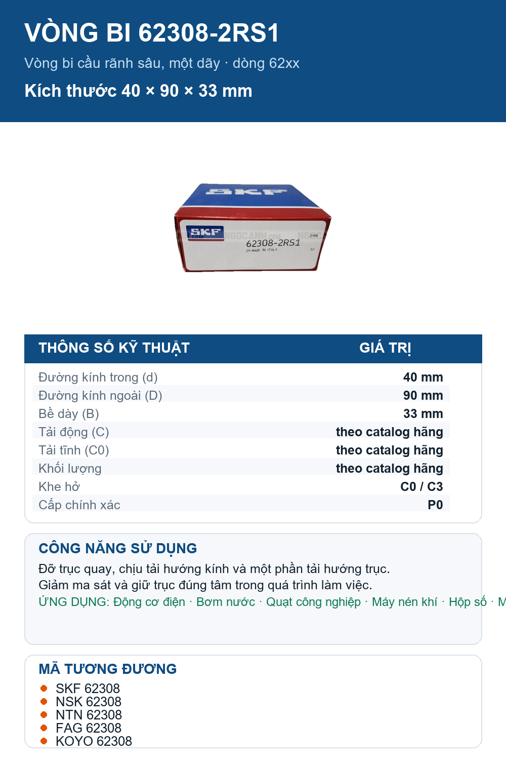 Vòng bi SKF 62308-2RS1 40x90x33mm — Ảnh thông số (Pinterest)