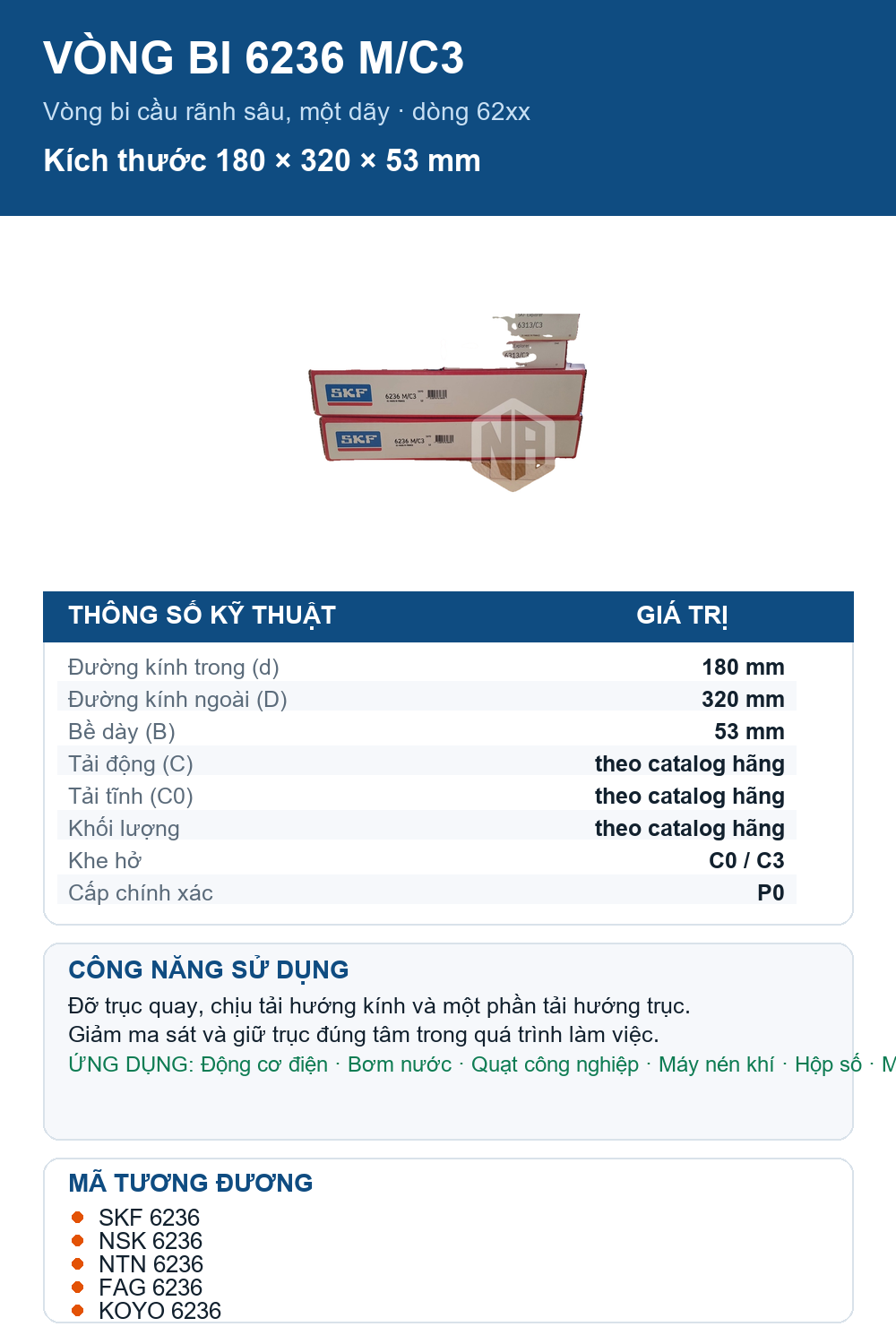 Vòng bi SKF 6236 M/C3 180x320x53mm — Ảnh thông số (Pinterest)