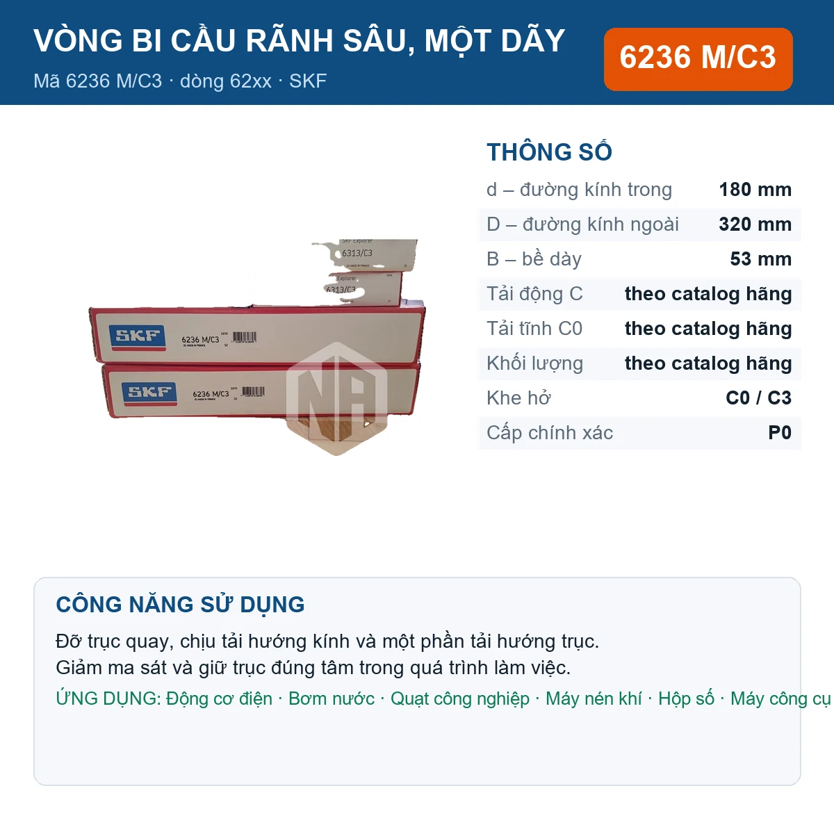 Vòng bi SKF 6236 M/C3 180x320x53mm — Ảnh đăng sản phẩm (web)
