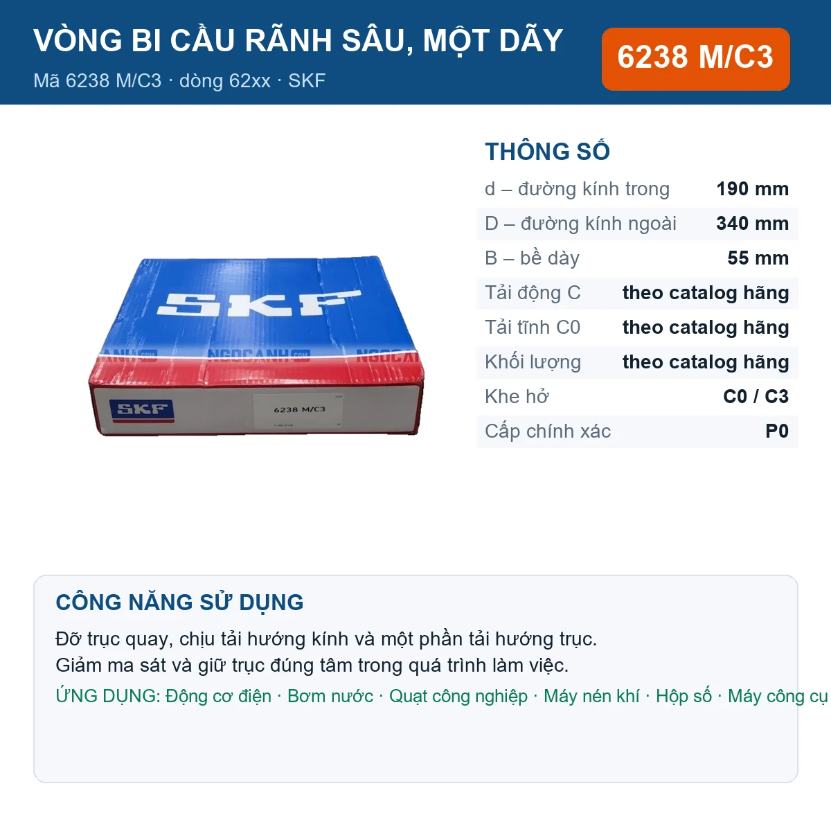 Vòng bi SKF 6238 M/C3 190x340x55mm — Ảnh đăng sản phẩm (web)