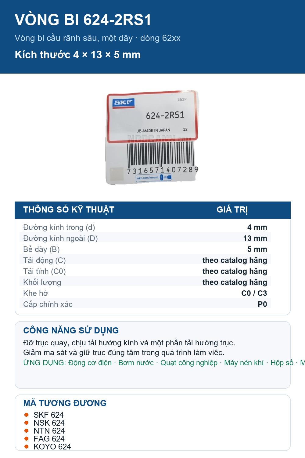 Vòng bi SKF 624-2RS1 4x13x5mm — Ảnh thông số (Pinterest)