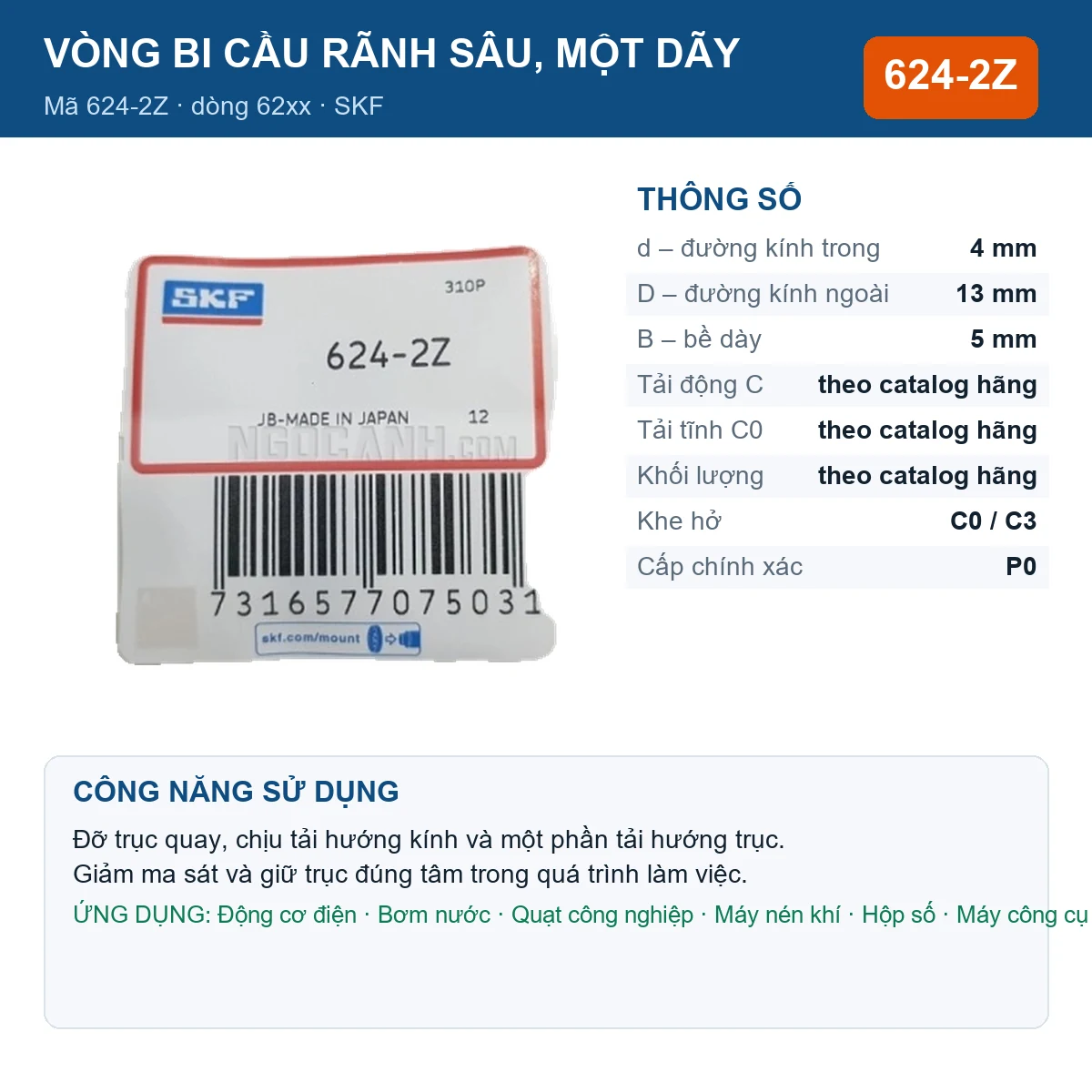 Vòng bi SKF 624-2Z — kích thước 4x13x5mm