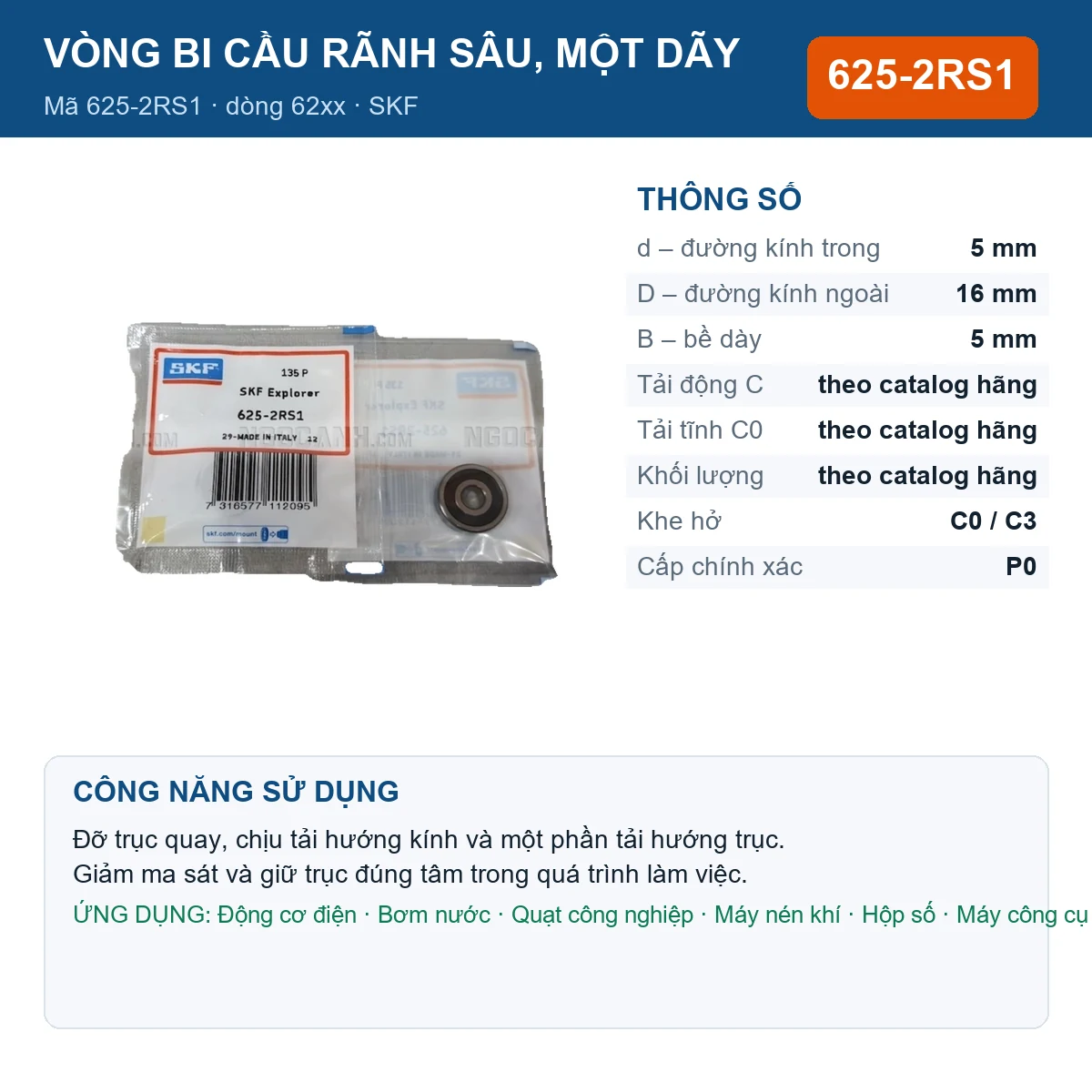Vòng bi SKF 625-2RS1 — kích thước 5x16x5mm
