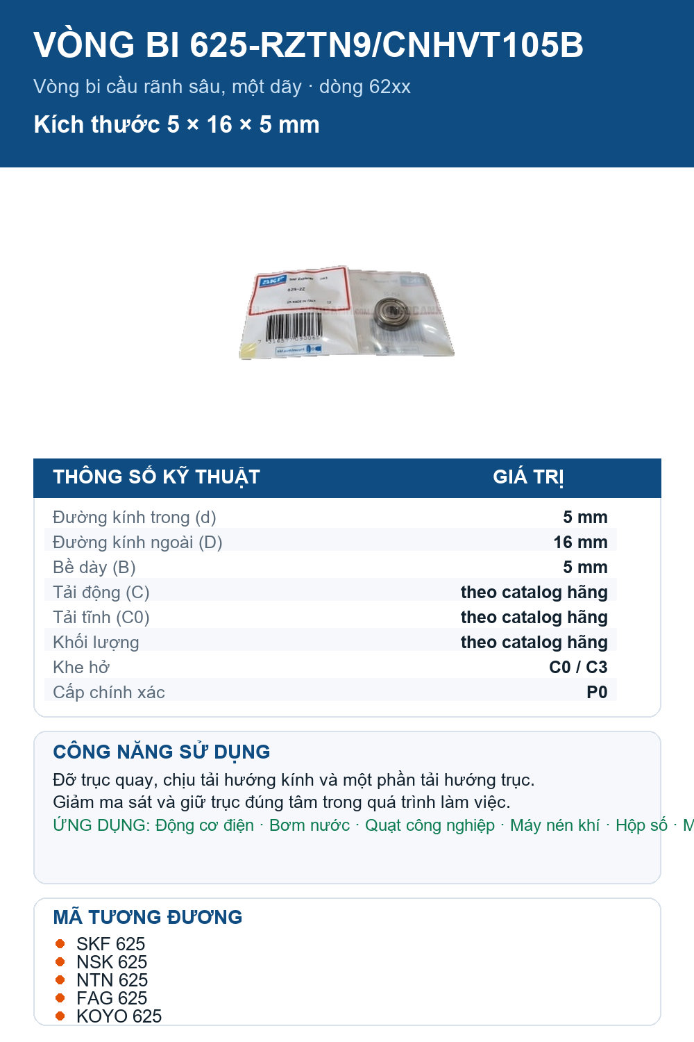 Vòng bi SKF 625-RZTN9/CNHVT105B 5x16x5mm — Ảnh thông số (Pinterest)