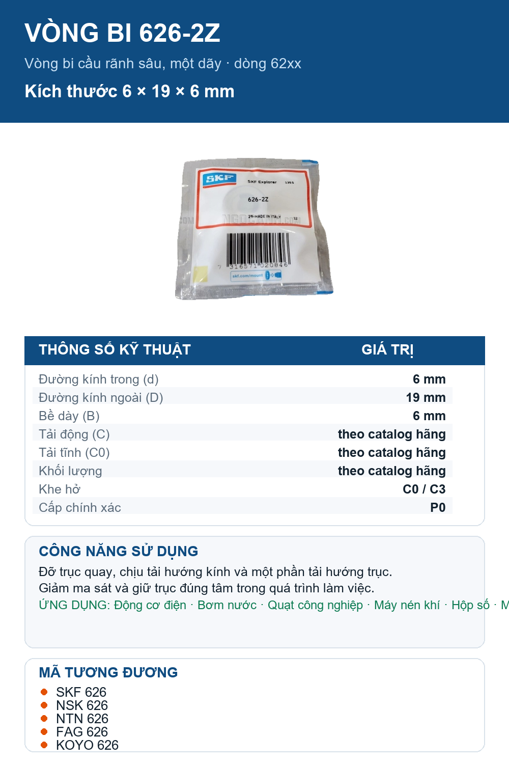 Vòng bi SKF 626-2Z 6x19x6mm — Ảnh thông số (Pinterest)