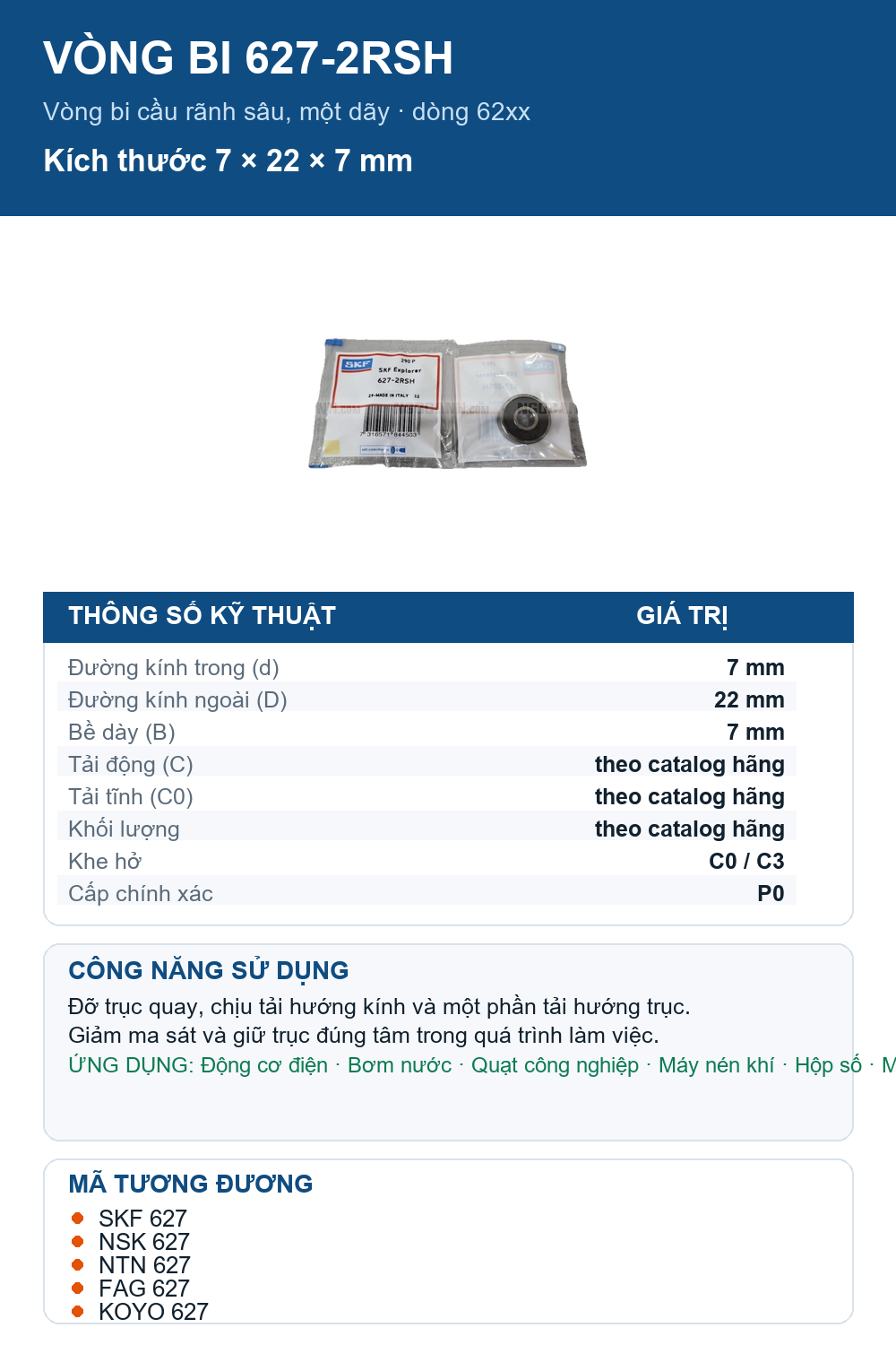 Vòng bi SKF 627-2RSH 7x22x7mm — Ảnh thông số (Pinterest)