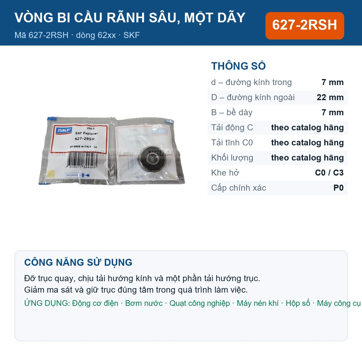 Vòng bi SKF 627-2RSH — kích thước 7x22x7mm