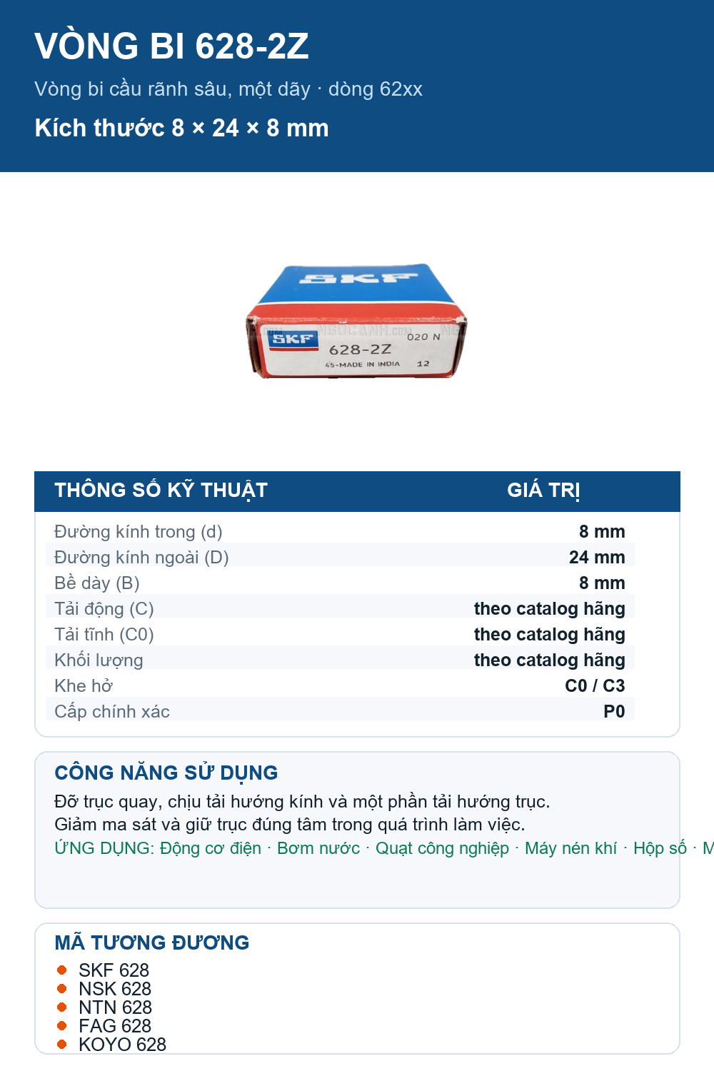 Vòng bi SKF 628-2Z 8x24x8mm — Ảnh thông số (Pinterest)