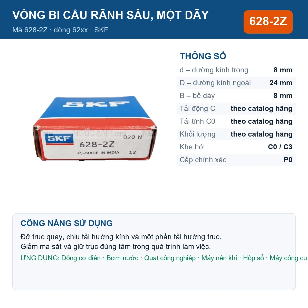 Vòng bi SKF 628-2Z — kích thước 8x24x8mm