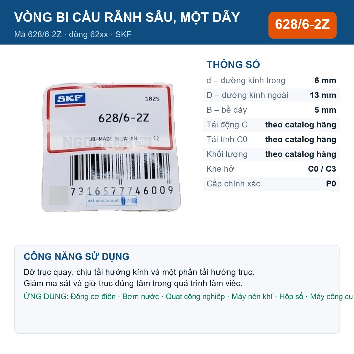 Vòng bi SKF 628/6-2Z — kích thước 6x13x5mm