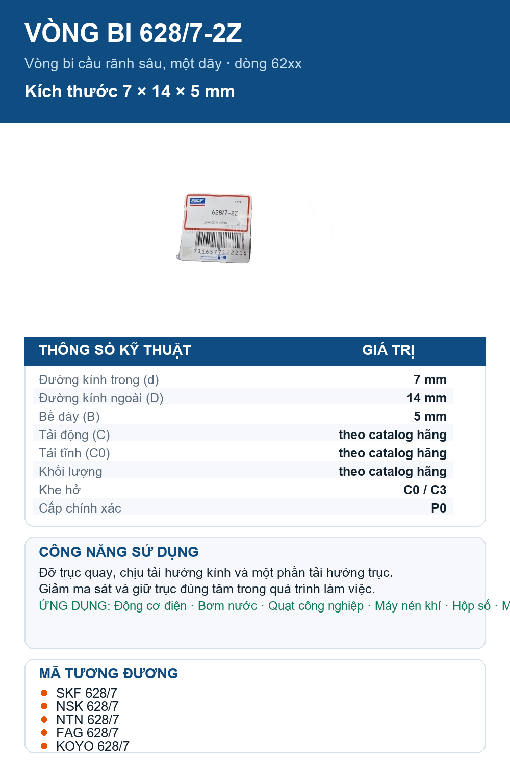Vòng bi SKF 628/7-2Z 7x14x5mm — Ảnh thông số (Pinterest)