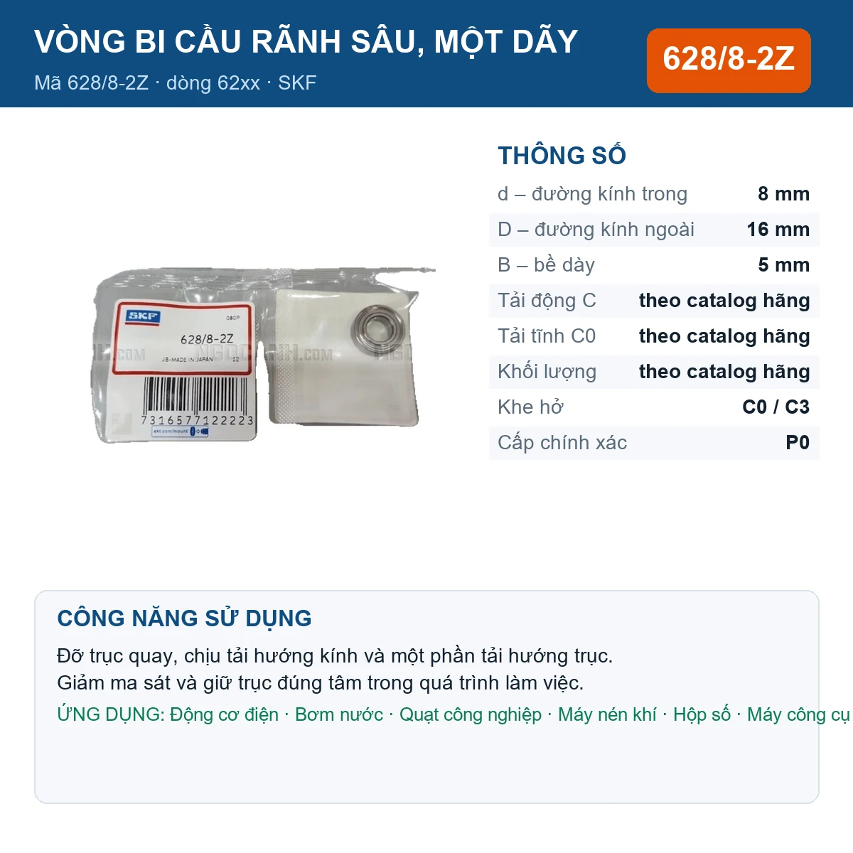 Vòng bi SKF 628/8-2Z — kích thước 8x16x5mm