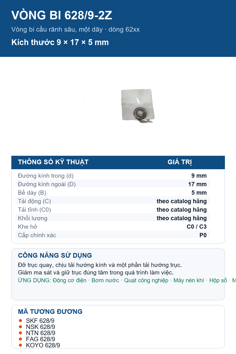 Vòng bi SKF 628/9-2Z 9x17x5mm — Ảnh thông số (Pinterest)