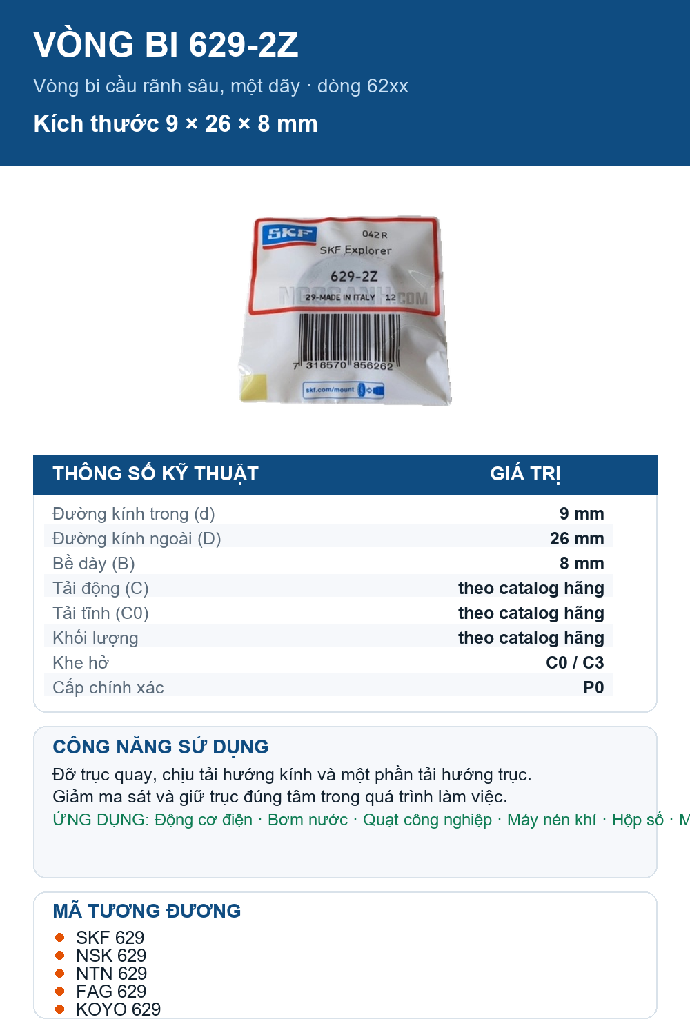 Vòng bi SKF 629-2Z 9x26x8mm — Ảnh thông số (Pinterest)