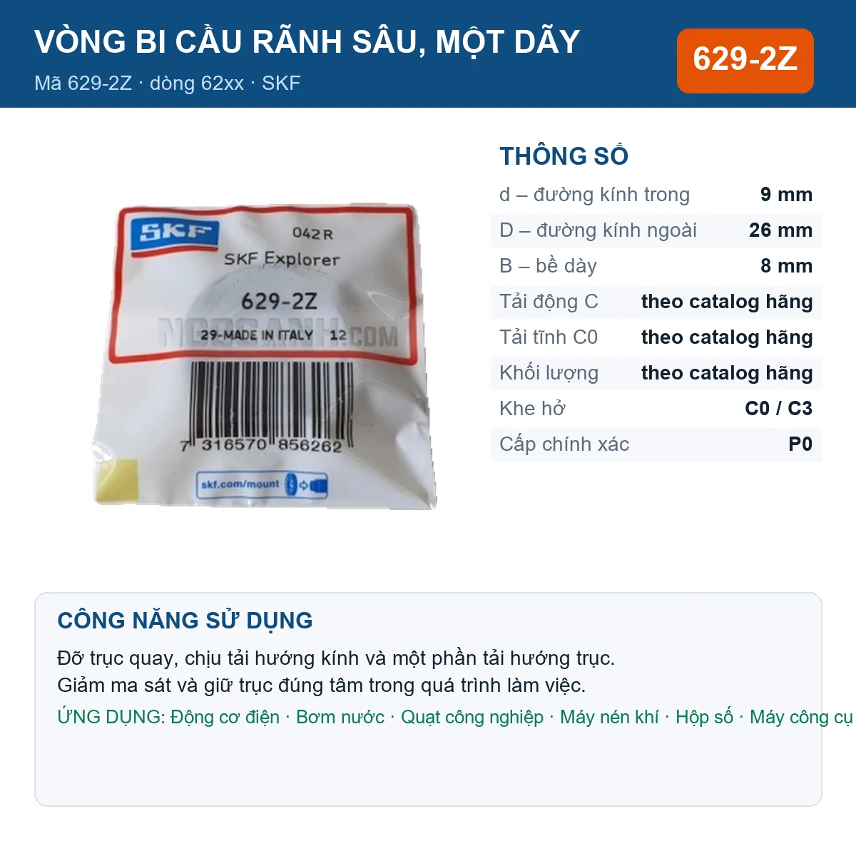 Vòng bi SKF 629-2Z — kích thước 9x26x8mm
