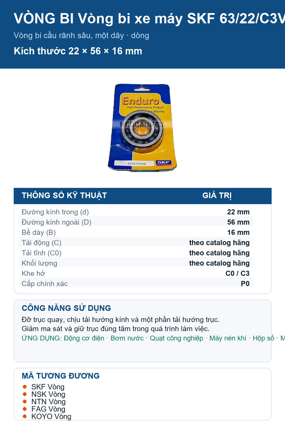 Vòng bi SKF 63/22/C3VC104 22x56x16mm — Ảnh thông số (Pinterest)
