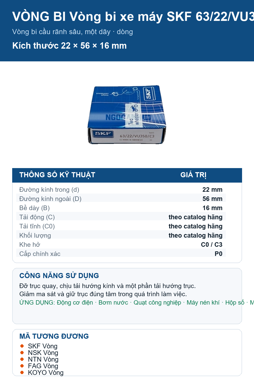 Vòng bi SKF 63/22/VU350/C3 22x56x16mm — Ảnh thông số (Pinterest)