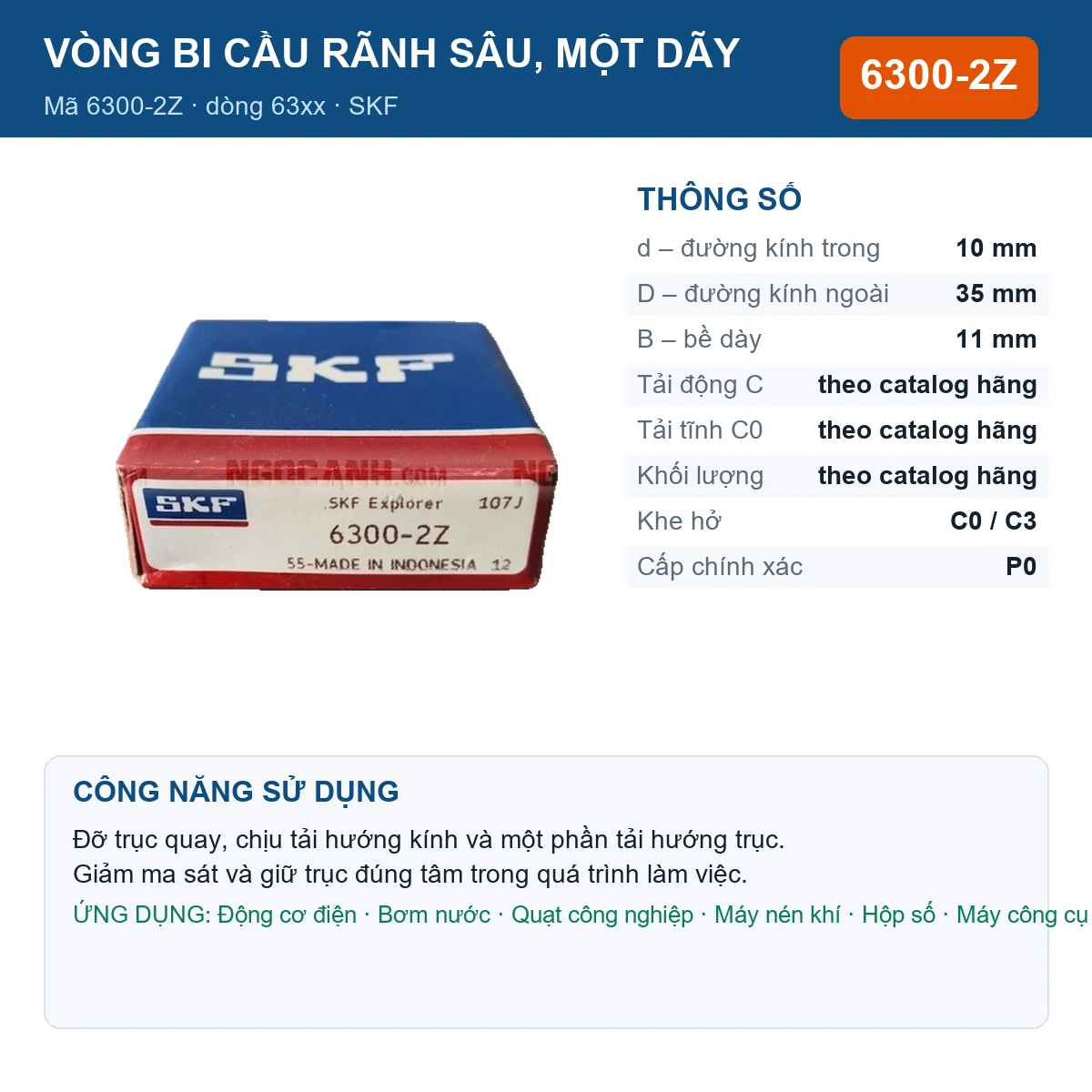 Vòng bi SKF 6300-2Z — kích thước 10x35x11mm