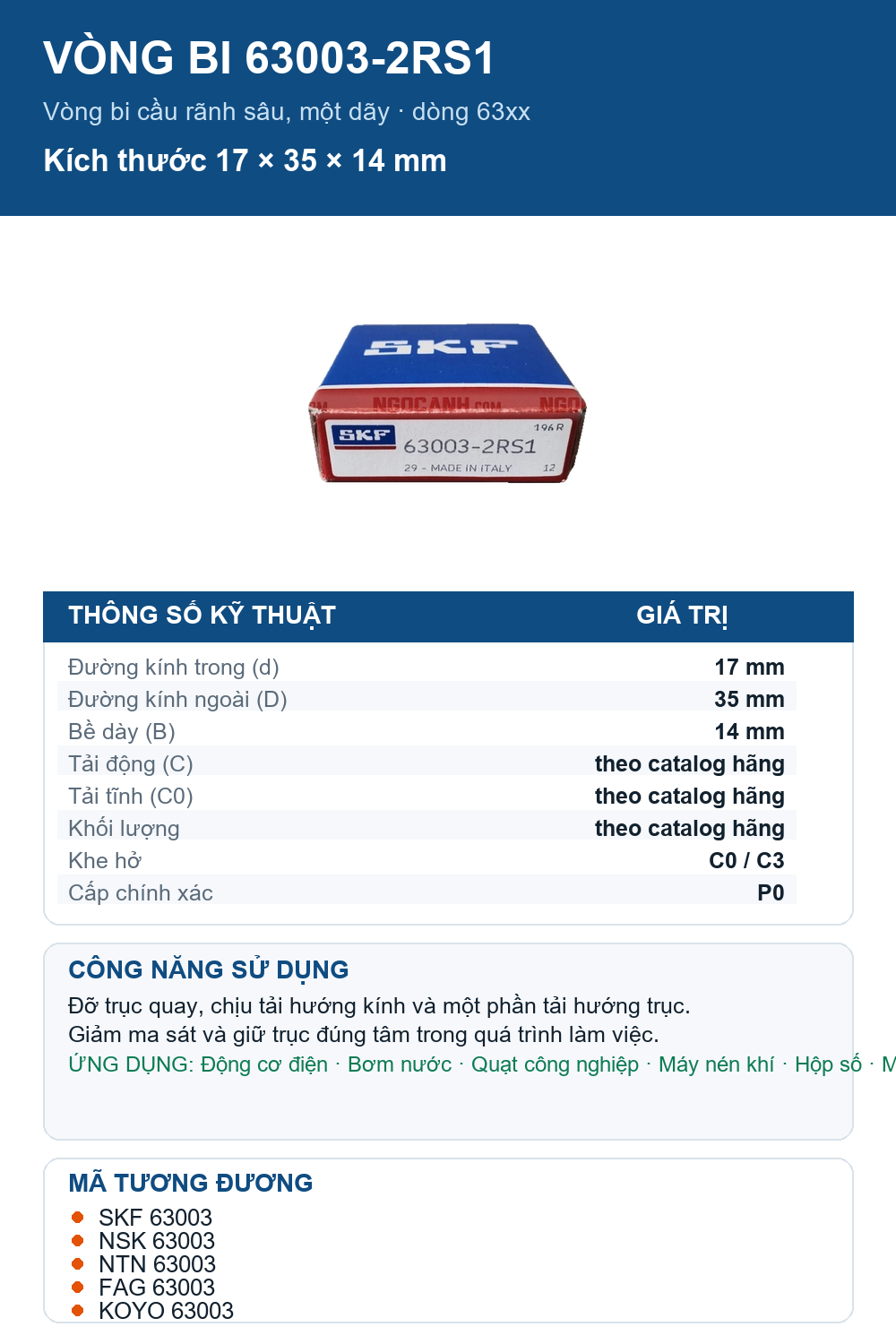 Vòng bi SKF 63003-2RS1 17x35x14mm — Ảnh thông số (Pinterest)