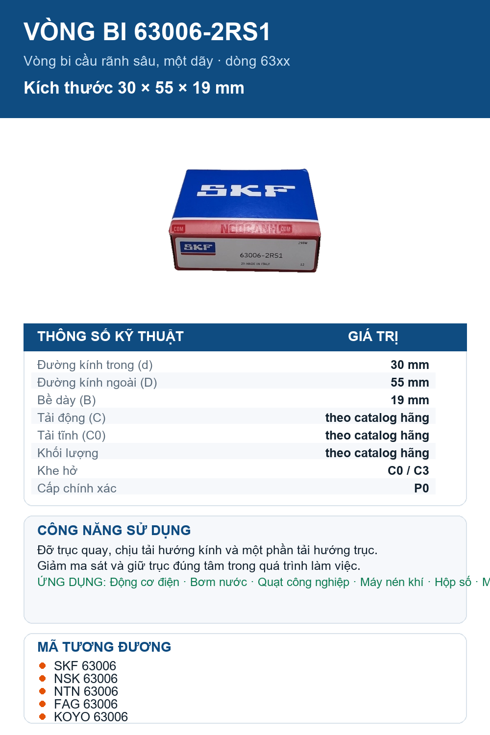 Vòng bi SKF 63006-2RS1 30x55x19mm — Ảnh thông số (Pinterest)