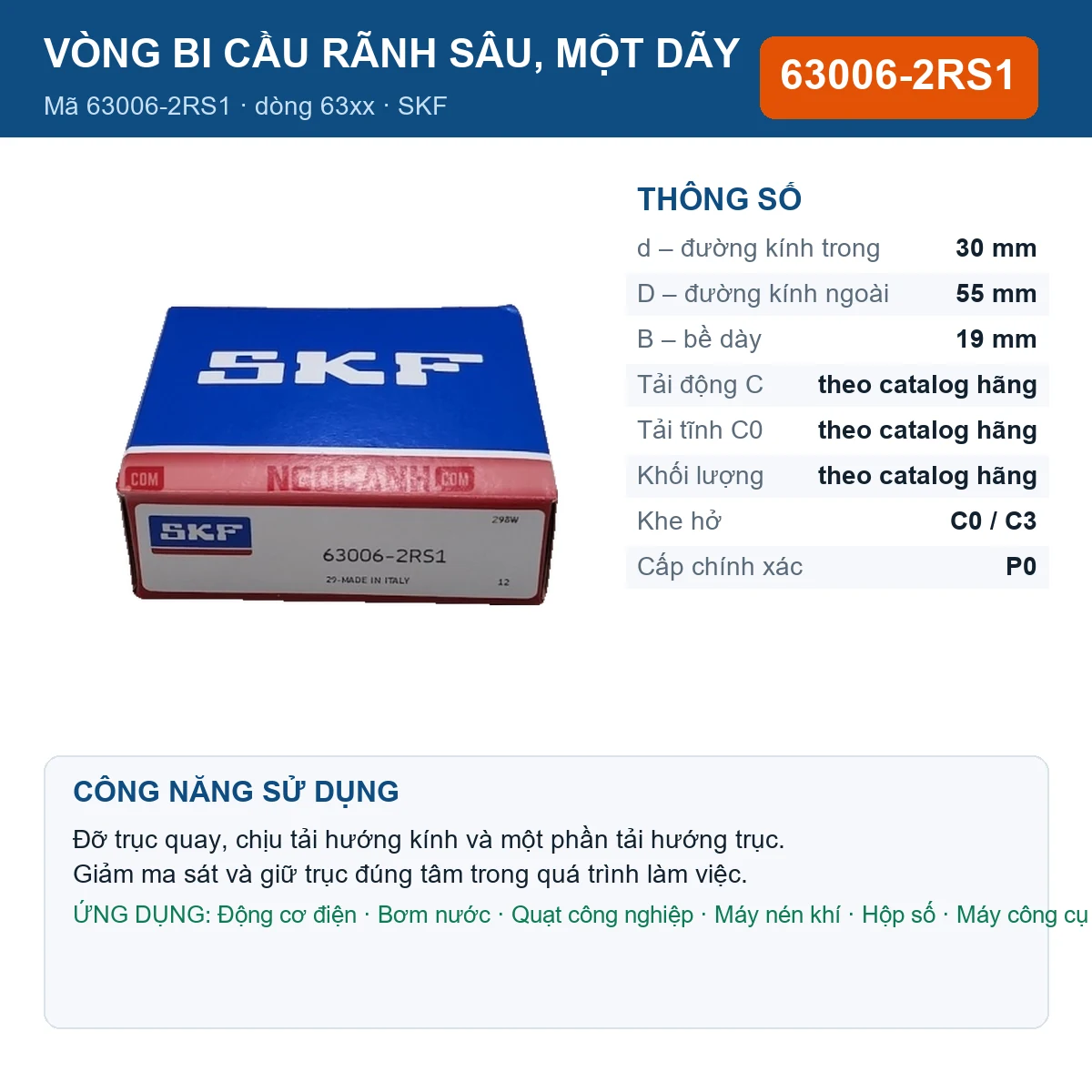 Vòng bi SKF 63006-2RS1 — kích thước 30x55x19mm