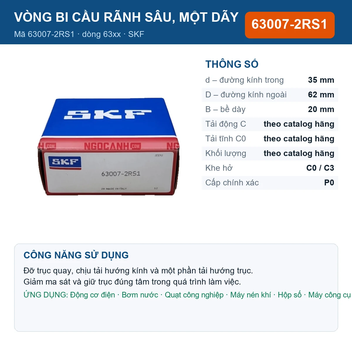 Vòng bi SKF 63007-2RS1 — kích thước 35x62x20mm