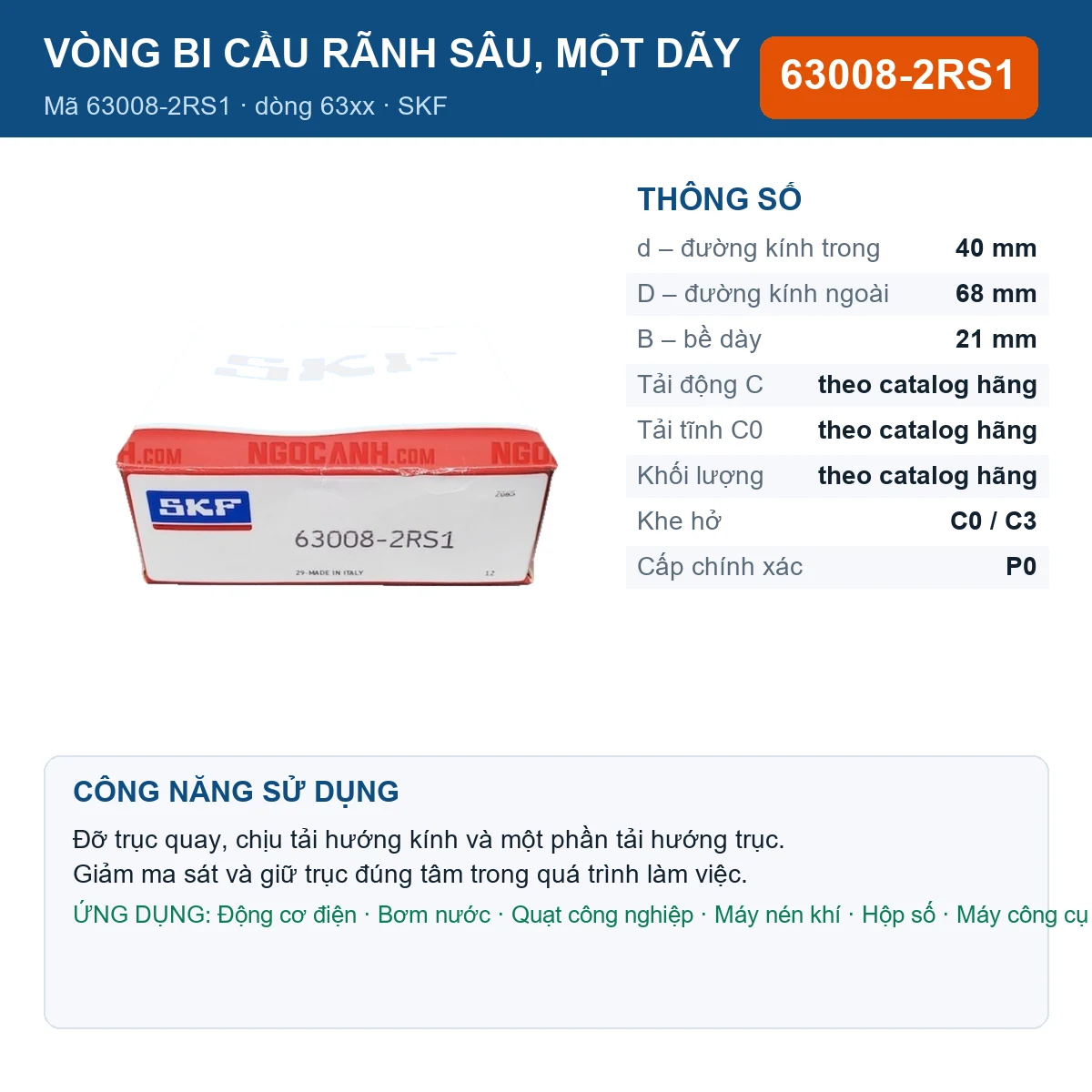 Vòng bi SKF 63008-2RS1 — kích thước 40x68x21mm