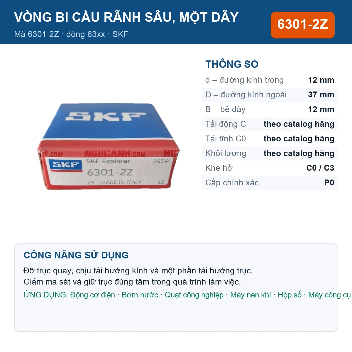 Vòng bi SKF 6301-2Z — kích thước 12x37x12mm