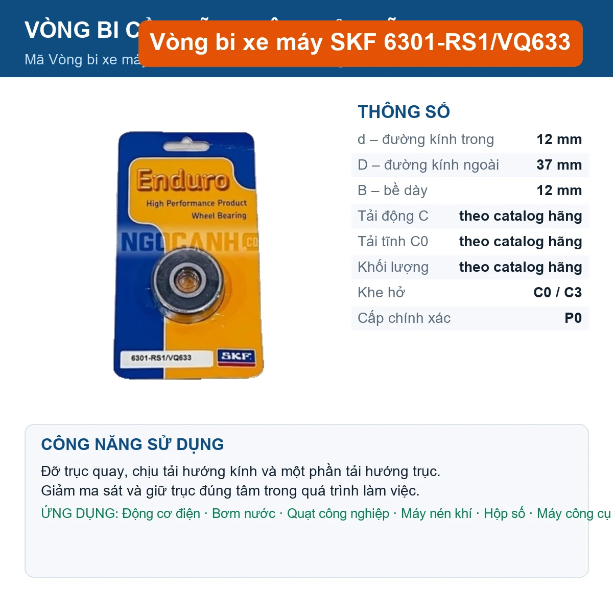 Vòng bi SKF 6301-RS1/VQ633 12x37x12mm — Ảnh đăng sản phẩm (web)