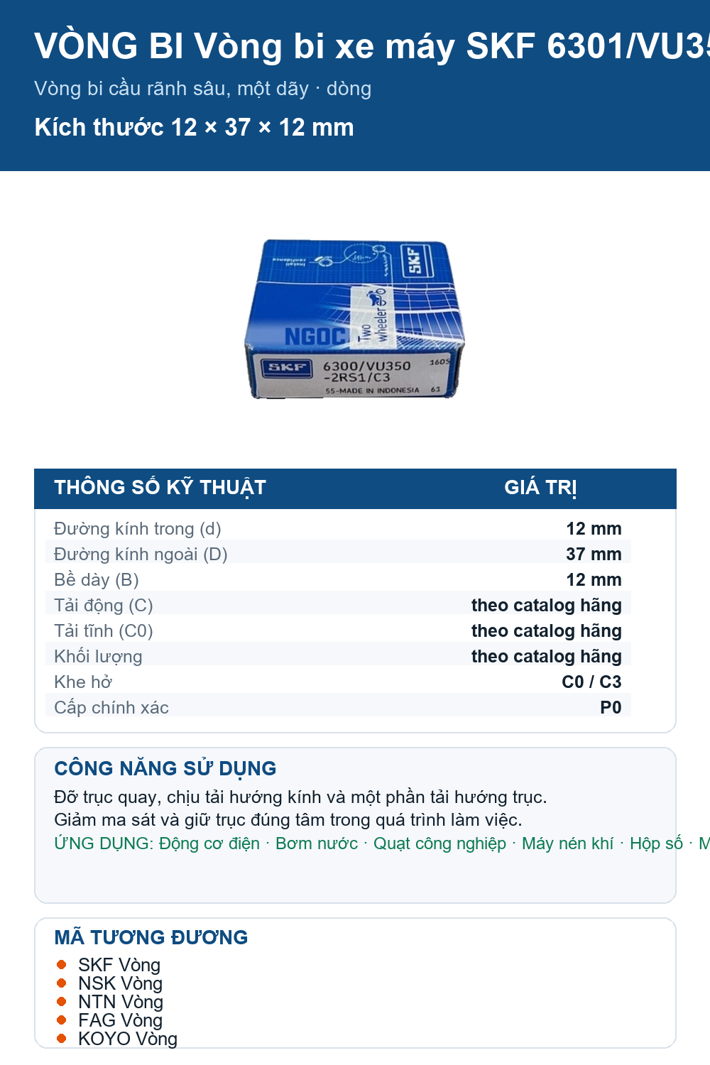 Vòng bi SKF 6301/VU350-2RS1/C3 12x37x12mm — Ảnh thông số (Pinterest)